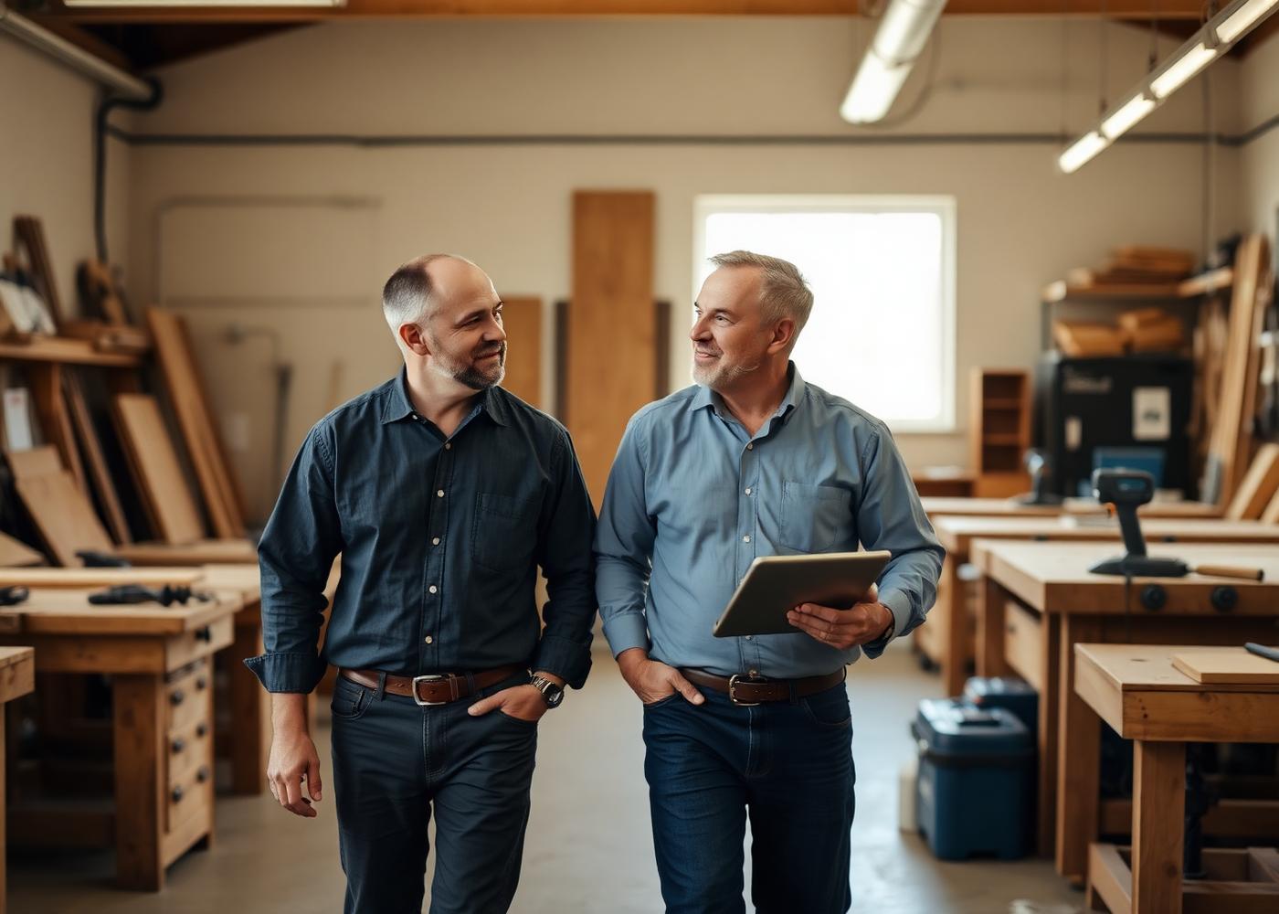 Two partners walking through a workshop