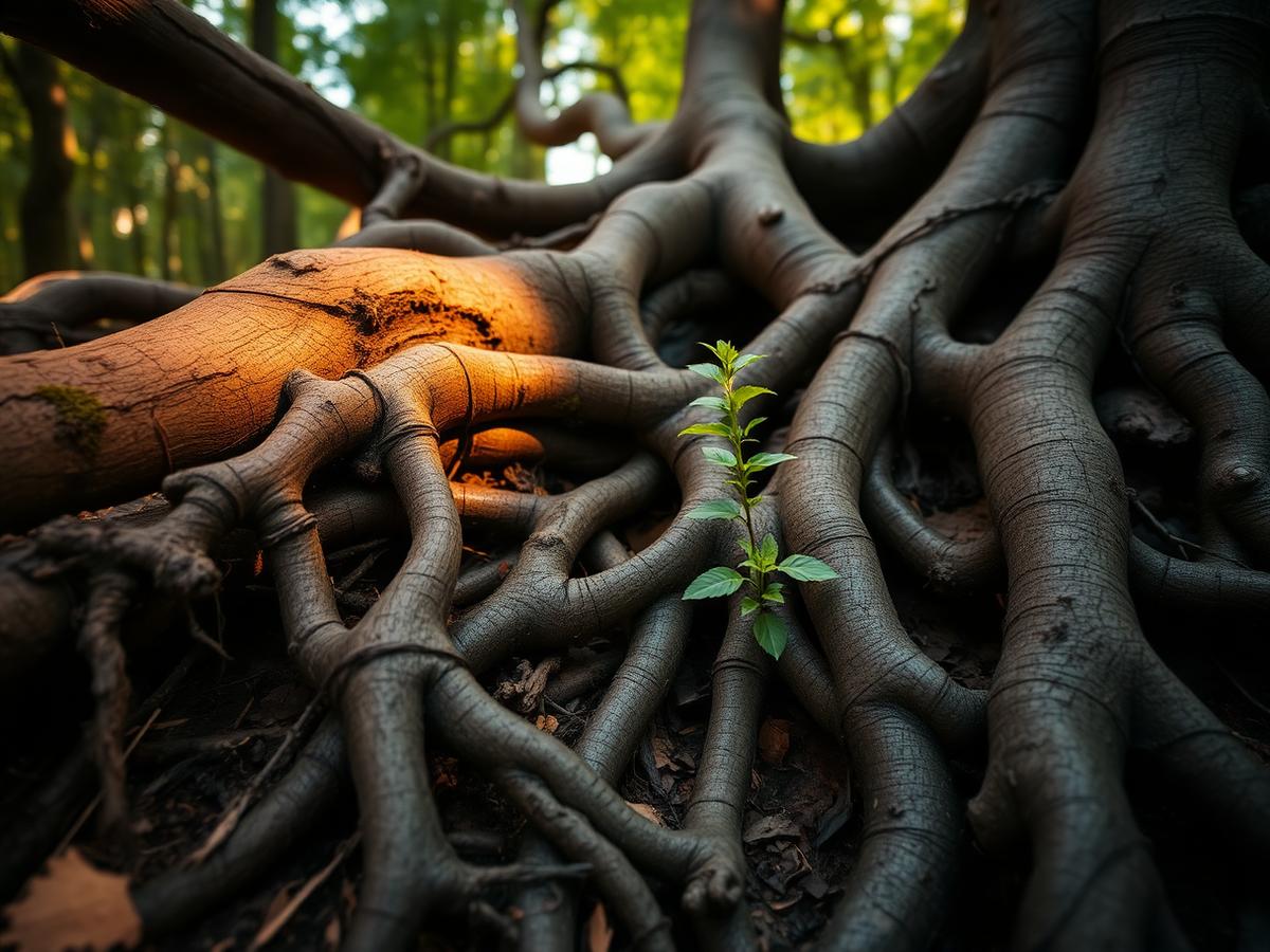 Tree roots with a young sapling growing between them